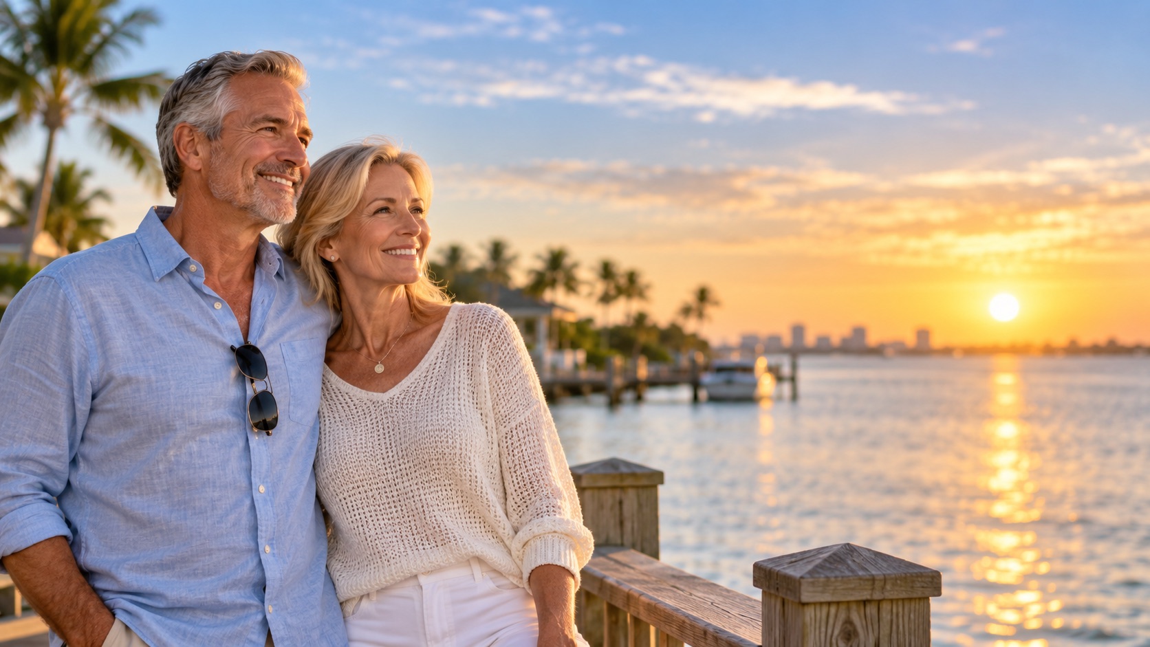 A couple in their sixties on a waterfront dock at sunset, looking out over the water